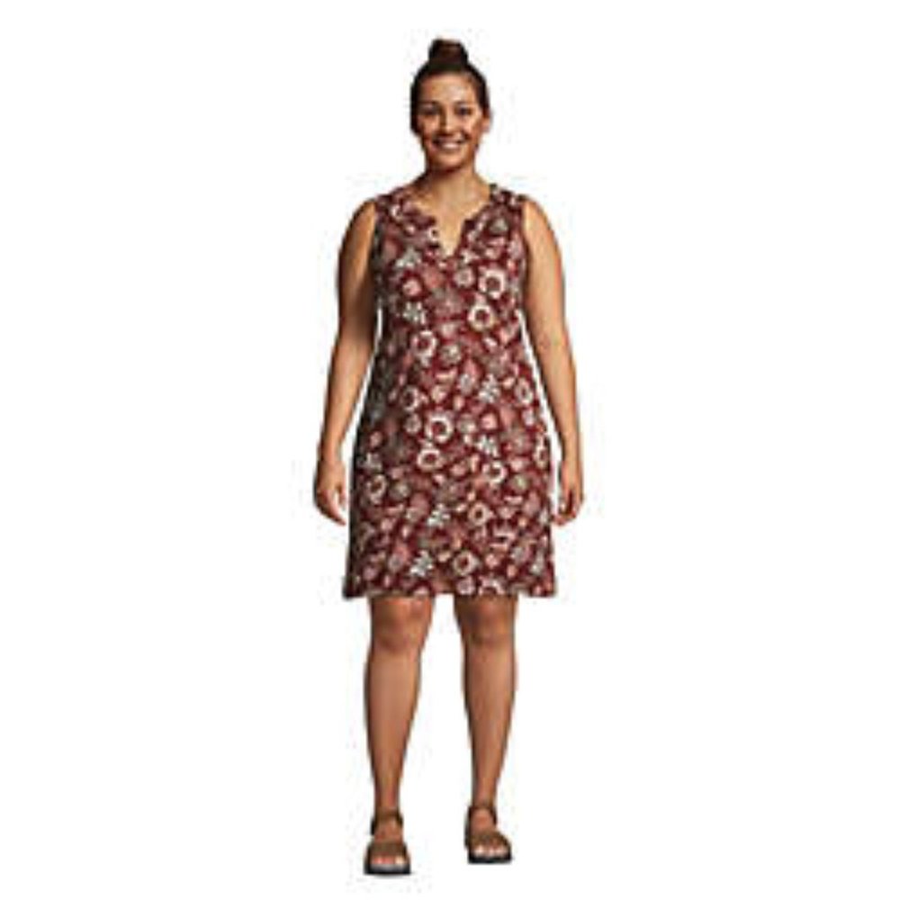 Lands End Women's Plus Size Cotton Jersey Sleeveless Swim Cover-up Dress Print